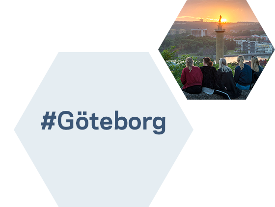 blå hexagon med #göteborg samt hexagon med bild med människor på ett berg i Göteborg i solnedgång